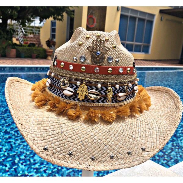 sombrero con adornos para mujer elegante vueltiao cintas bisuteria artesanal sol decorado vaquero flores de moda elegua cabalgata agudeño playa Valledupar Neiva buga colombia cucuta soledad fiesta