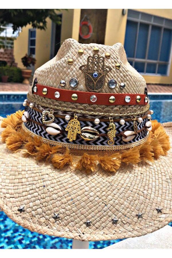 sombrero con adornos para mujer elegante vueltiao cintas bisuteria artesanal sol decorado vaquero flores de moda elegua cabalgata agudeño playa Valledupar Neiva buga colombia cucuta soledad fiesta