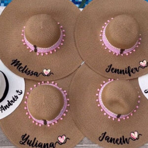 Pava bordada café de ala ancha decorada en color Rosé 01Pava Para Mujer - Sombrero Para Playa