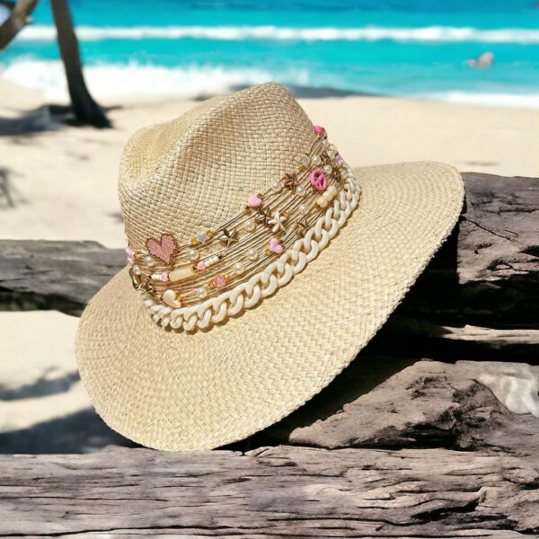 Sombrero decorado para mujer indianaSombrero Indiana Color Crudo, sombreros de palma de iraca, Hats made of Iraca palm