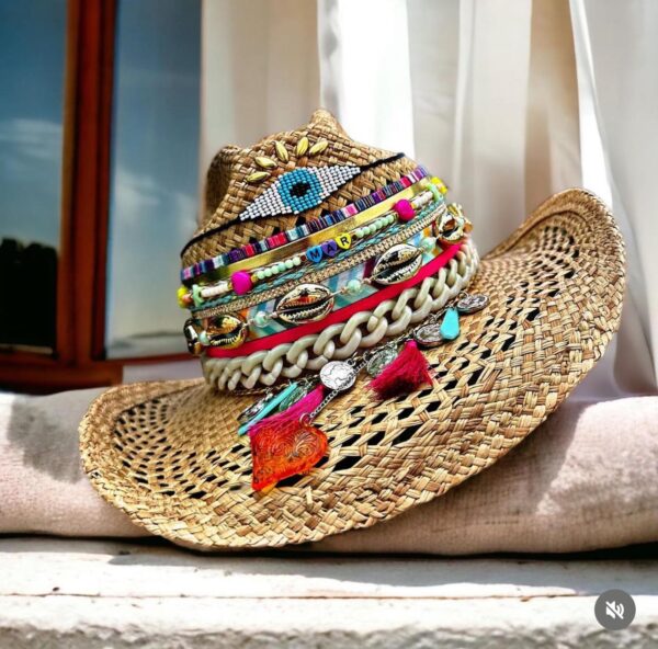 Sombrero ojito folky calado cafe decorado para mujer