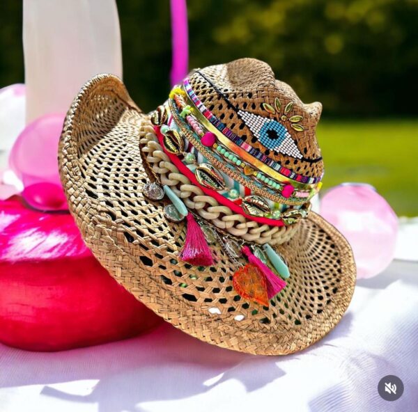 Sombrero ojito folky calado cafe decorado para mujer