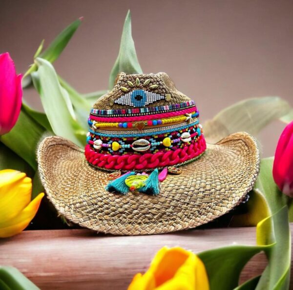 Sombrero ojito rainbow cowboy cafe decorado para mujer