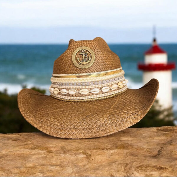 Sombrero decorado para mujer Cowboy Anchor Café, Sombrero Cowboy Anchor Café, sombreros de palma de iraca, sombreros decorados en colombia, sombreros personalizados de palma de iraca, sombreros artesanales con bordados, Hats made of Iraca palm