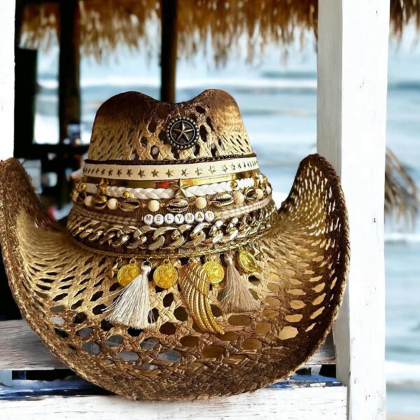 Sombrero Calado Cowboy Star Color Natural, Sombrero Calado Cowboy Star Color Natural, sombreros de palma de iraca, sombreros decorados en colombia, sombreros personalizados de palma de iraca, sombreros artesanales con bordados, Hats made of Iraca palm