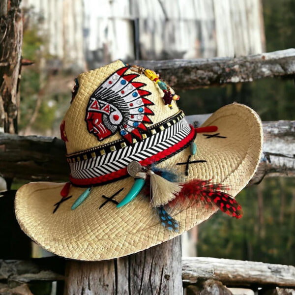 Sombrero cowboy decorado indio color crudo, Sombrero Cowboy Indio Color Crudo, sombreros de palma de iraca, sombreros decorados en colombia, sombreros personalizados de palma de iraca, sombreros artesanales con bordados, Hats made of Iraca palm