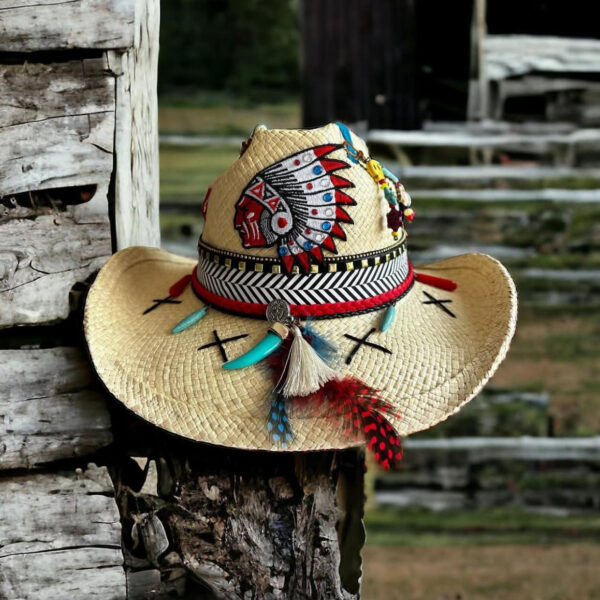Sombrero cowboy decorado indio color crudo, Sombrero Cowboy Indio Color Crudo, sombreros de palma de iraca, sombreros decorados en colombia, sombreros personalizados de palma de iraca, sombreros artesanales con bordados, Hats made of Iraca palm