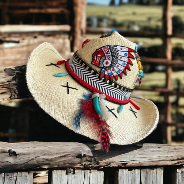 Sombrero cowboy decorado indio color crudo, Sombrero Cowboy Indio Color Crudo, sombreros de palma de iraca, sombreros decorados en colombia, sombreros personalizados de palma de iraca, sombreros artesanales con bordados, Hats made of Iraca palm
