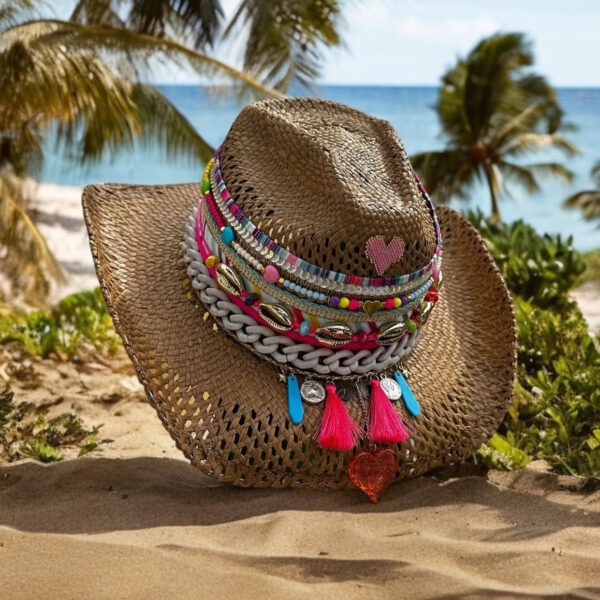 sombrero calado decorado para mujer color cafe oscuro ref250207002, Sombrero Calado Love Folky Café Oscuro, sombreros de palma de iraca, sombreros decorados en colombia, sombreros personalizados de palma de iraca, sombreros artesanales con bordados, Hats made of Iraca palm