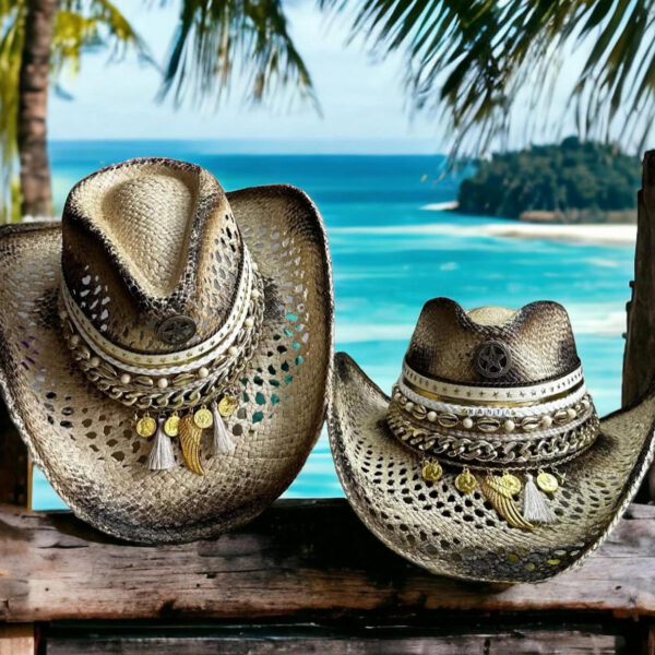 Sombrero personalizado Calado Cowboy Mix Star con Cadena, Sombrero Calado Cowboy Mix Star Con Cadena, sombreros de palma de iraca, sombreros decorados en colombia, sombreros personalizados de palma de iraca, sombreros artesanales con bordados, Hats made of Iraca palm