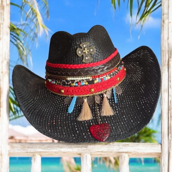 Sombrero cowboy cruz rock negro 250316001 00001, Sombrero Cowboy Cruz Rock Negro, sombreros de palma de iraca, sombreros decorados en colombia, sombreros personalizados de palma de iraca, sombreros artesanales con bordados, Hats made of Iraca palm