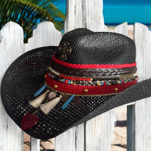 Sombrero Cowboy Cruz Rock Negro - Image 2, Sombrero Cowboy Cruz Rock Negro, sombreros de palma de iraca, sombreros decorados en colombia, sombreros personalizados de palma de iraca, sombreros artesanales con bordados, Hats made of Iraca palm
