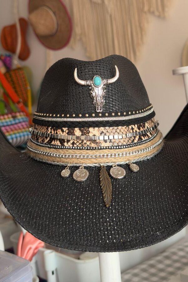 Sombrero decorado cowboy toro negro bull black cowboy hat