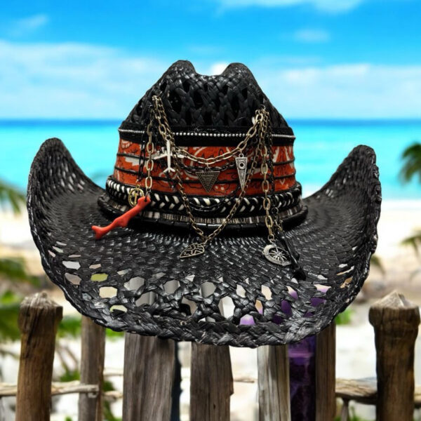 sombrero decorado cowboy rebel rock 00001, Sombrero Cowboy Rebel Rock Black, sombreros de palma de iraca, sombreros decorados en colombia, sombreros personalizados de palma de iraca, sombreros artesanales con bordados, Hats made of Iraca palm