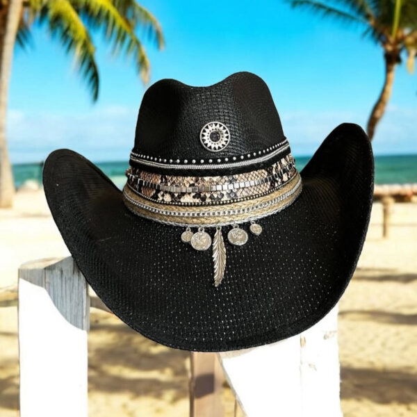 Sombrero decorado Cowboy Black, Sombrero Cowboy Tribe Rock Black, sombreros de palma de iraca, sombreros decorados en colombia, sombreros personalizados de palma de iraca, sombreros artesanales con bordados, Hats made of Iraca palm