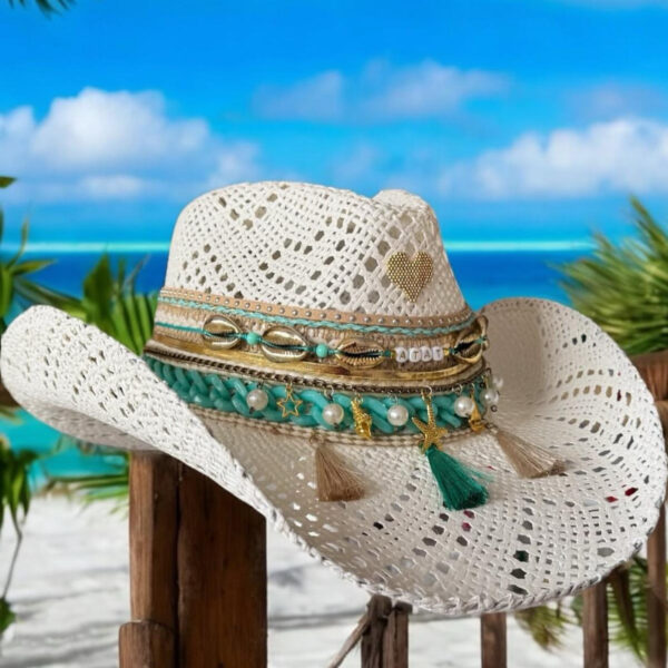 Sombrero decorado Calado Nevado Turquesa color Blanco 250408001, Sombrero Calado Nevado Turquesa Color Blanco, sombreros de palma de iraca, sombreros decorados en colombia, sombreros personalizados de palma de iraca, sombreros artesanales con bordados, Hats made of Iraca palm