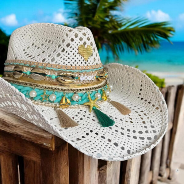 Sombrero decorado Calado Nevado Turquesa color Blanco 250408001, Sombrero Calado Nevado Turquesa Color Blanco, sombreros de palma de iraca, sombreros decorados en colombia, sombreros personalizados de palma de iraca, sombreros artesanales con bordados, Hats made of Iraca palm