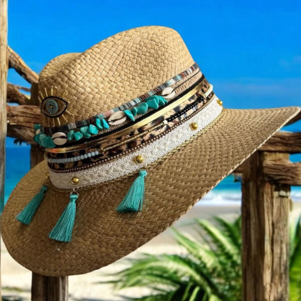 Sombrero Indiana Jaipur Turquesa 250407002 003, Sombrero Indiana Jaipur Turquesa, sombreros de palma de iraca, sombreros decorados en colombia, sombreros personalizados de palma de iraca, sombreros artesanales con bordados, Hats made of Iraca palm