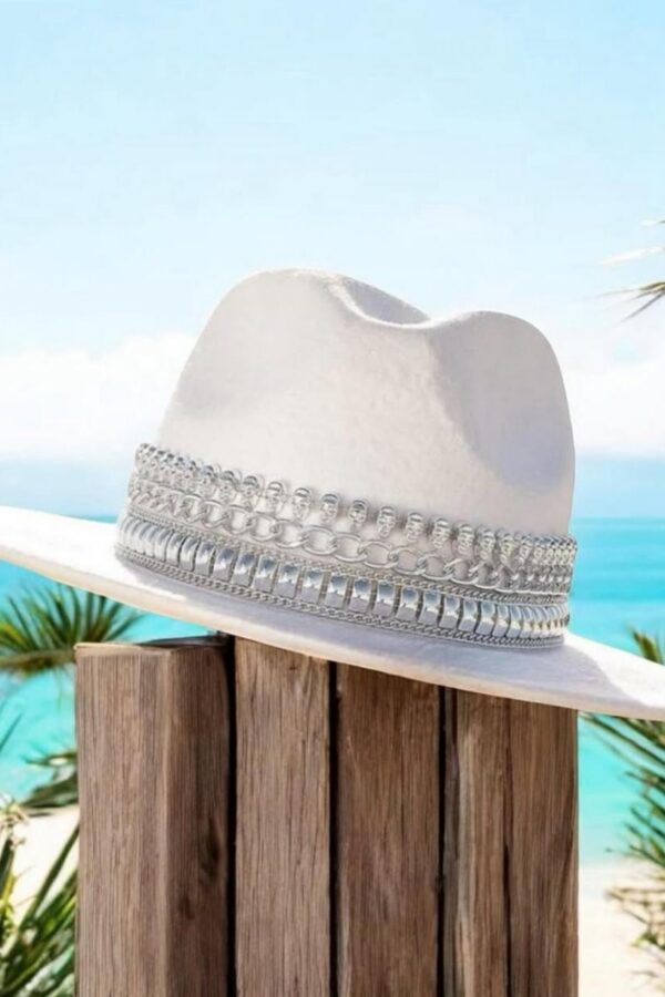 Sombrero Fedora blanco en paño decorado para mujer