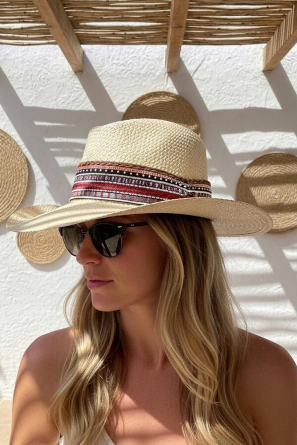 Sombrero Borsalino Color Natural con adorno Boho Travel Cherry Shine — Talla Sombrero: 55.5 cm