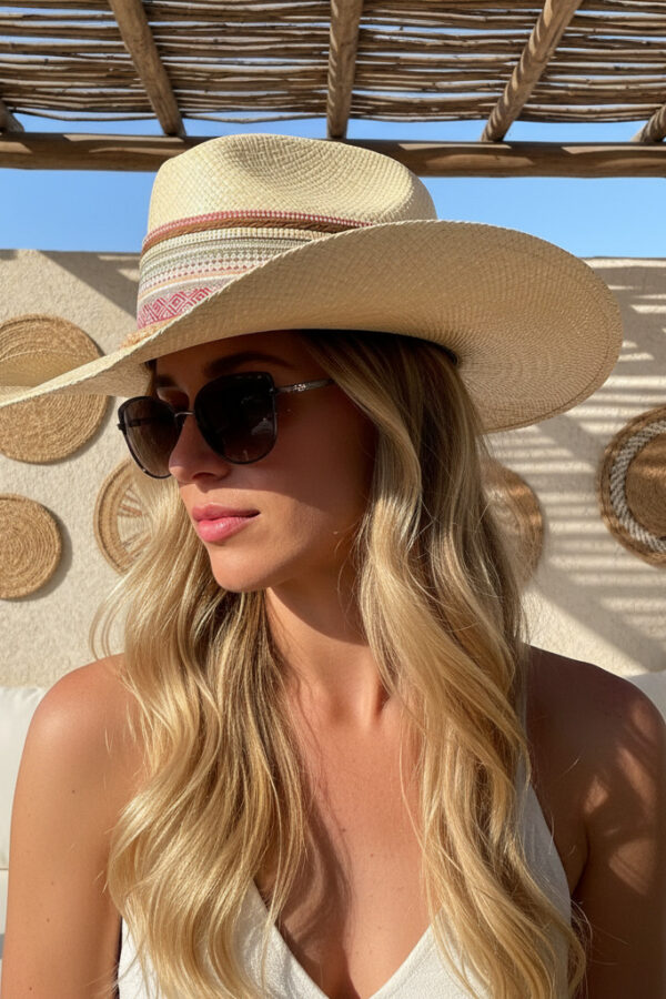 Sombrero Borsalino Color Natural con adorno Boho Travel Indi Flecos — Talla Sombrero: 55.5 cm