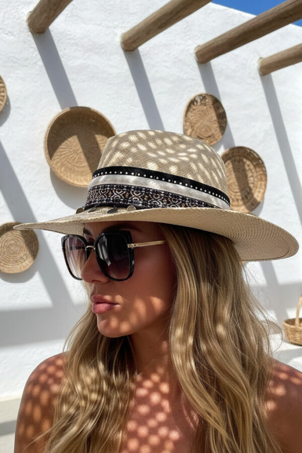 Sombrero Borsalino Color Natural con adorno Boho Travel Marroquí Coins — Talla Sombrero: 55.5 cm