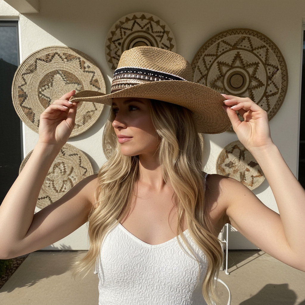 Sombrero Borsalino Color Cafe con adorno Boho Travel Mostacilla Sombrero Borsalino Color Cafe con adorno Boho Travel Mostacilla — Talla Sombrero: 55 cm