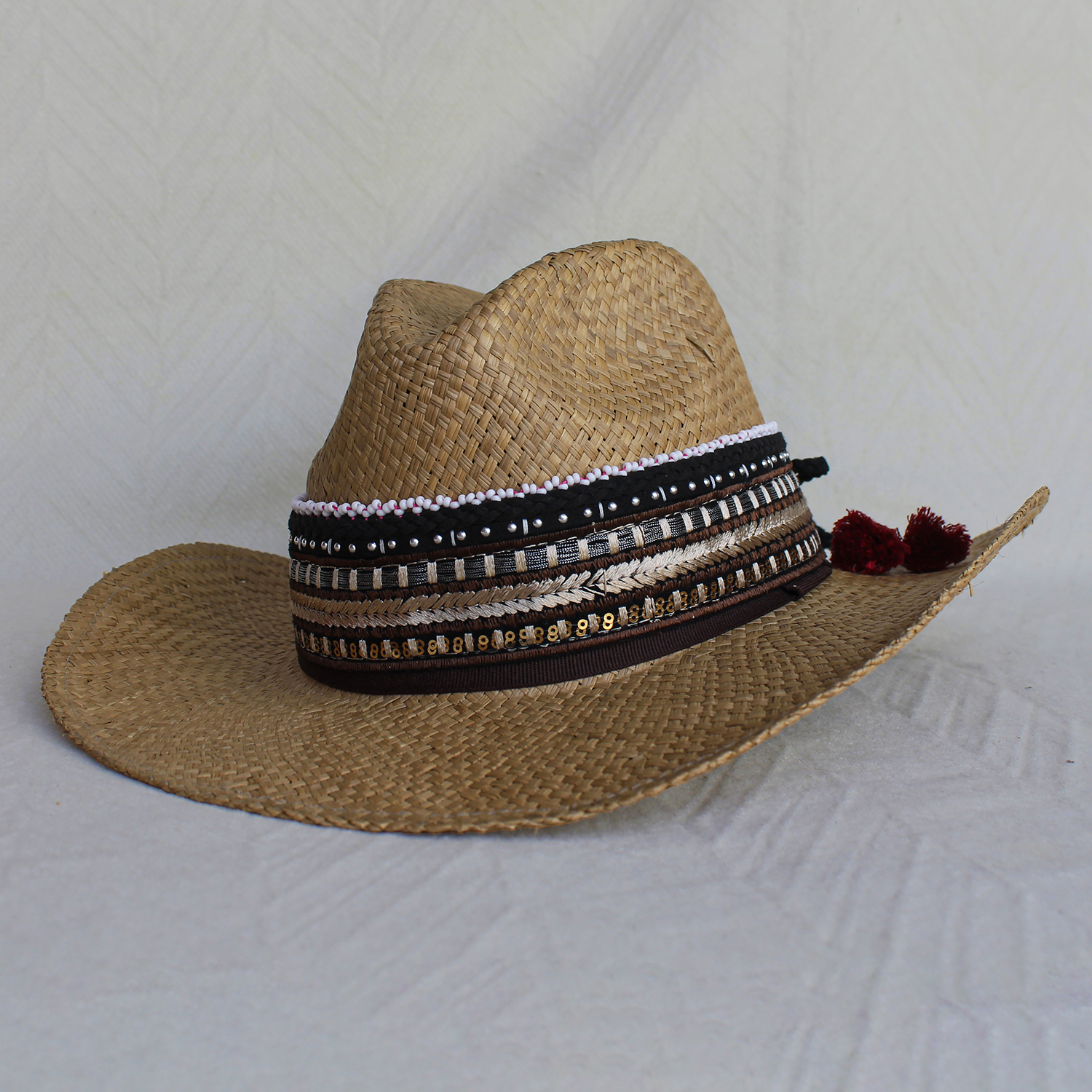 Sombrero Borsalino Color Cafe con adorno Boho Travel Mostacilla Sombrero Borsalino Color Cafe con adorno Boho Travel Mostacilla