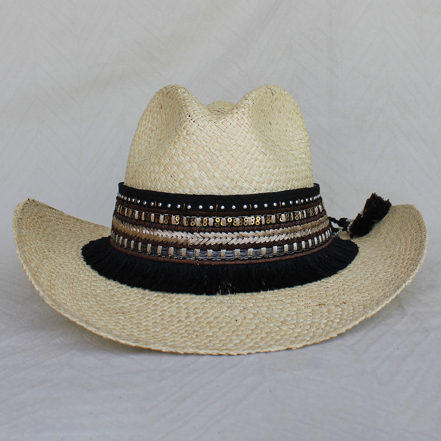 Sombrero Borsalino Color Natural con adorno Boho Travel Rock Flecos Sombrero Borsalino Color Natural con adorno Boho Travel Rock Flecos