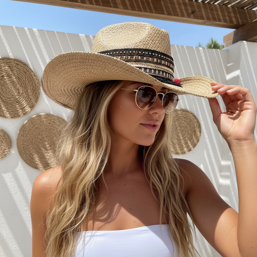 Sombrero Borsalino Color Natural con adorno Boho Travel Rock Flecos Sombrero Borsalino Color Natural con adorno Boho Travel Rock Flecos — Talla Sombrero: 55.5 cm