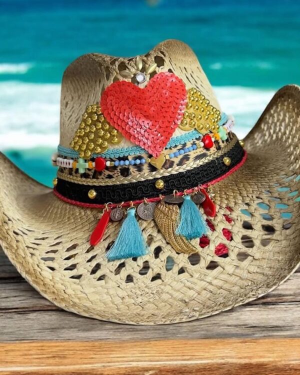 Sombreros Artesanales en Palma de Iraca | Milolita Colombia Sombrero Cowboy Calado Amour — Talla Sombrero: Talla 6 (59 cm)