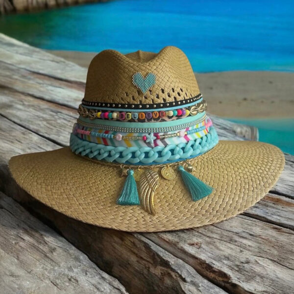 Sombreros Artesanales en Palma de Iraca | Milolita Colombia Sombrero indiana Spring pink shell chain (copia) — Talla Sombrero: Talla 6 (59 cm)