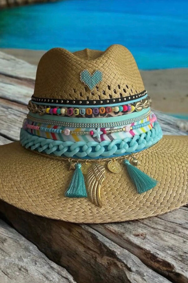 Sombreros Artesanales en Palma de Iraca | Milolita Colombia Sombrero indiana Spring pink shell chain (copia) — Talla Sombrero: Talla 6 (59 cm)