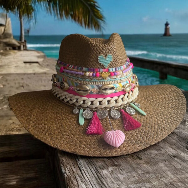 Sombreros Artesanales en Palma de Iraca | Milolita Colombia Sombrero indiana Spring pink shell chain — Talla Sombrero: Talla 6 (59 cm)