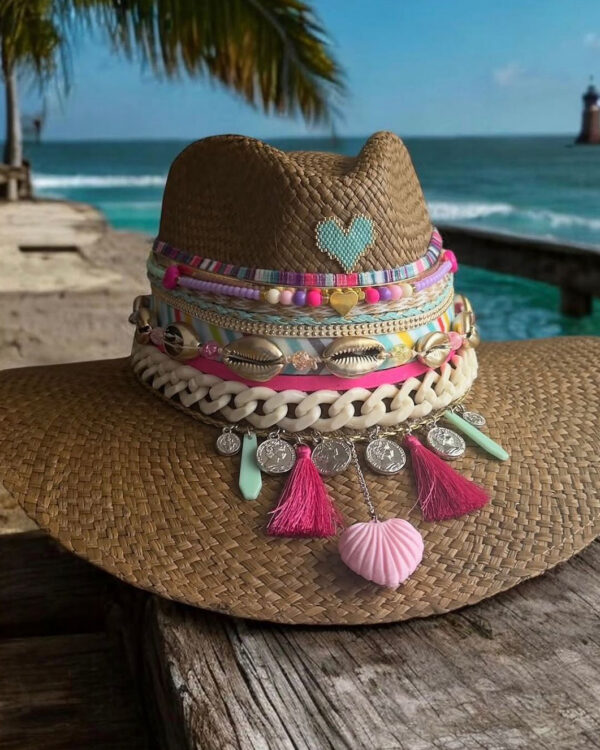 Sombreros Artesanales en Palma de Iraca | Milolita Colombia Sombrero indiana Spring pink shell chain — Talla Sombrero: Talla 6 (59 cm)