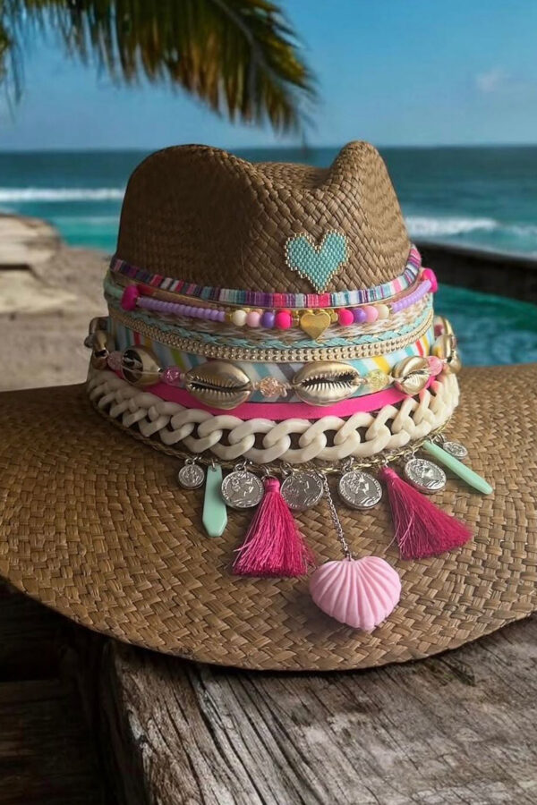Sombreros Artesanales en Palma de Iraca | Milolita Colombia Sombrero indiana Spring pink shell chain — Talla Sombrero: Talla 6 (59 cm)